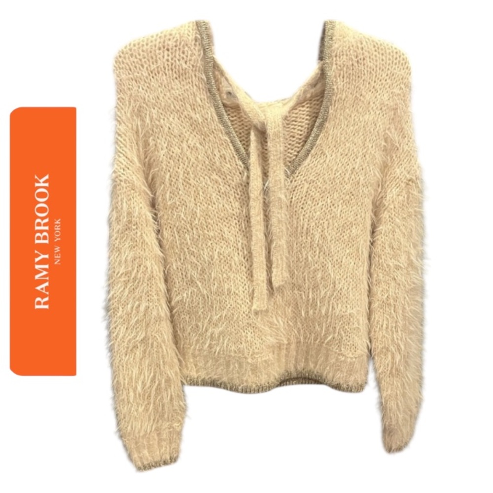 Ramy Brook New York Deep V Hooded Yarn/Wool Blend Knit Sweater Haired